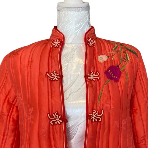 Retro Salmon Pink Embroidered Floral Satin Silk Kimono Puffy Jacket Size Small - Picture 5 of 16